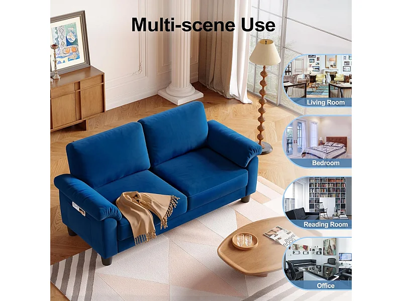 2-zits Chenille-stof woonkamerbank, Mid Century Modern bank, met opbergzak, 178x75x87cm, blauw