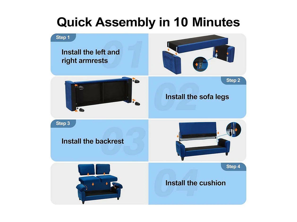 2-zits Chenille-stof woonkamerbank, Mid Century Modern bank, met opbergzak, 178x75x87cm, blauw