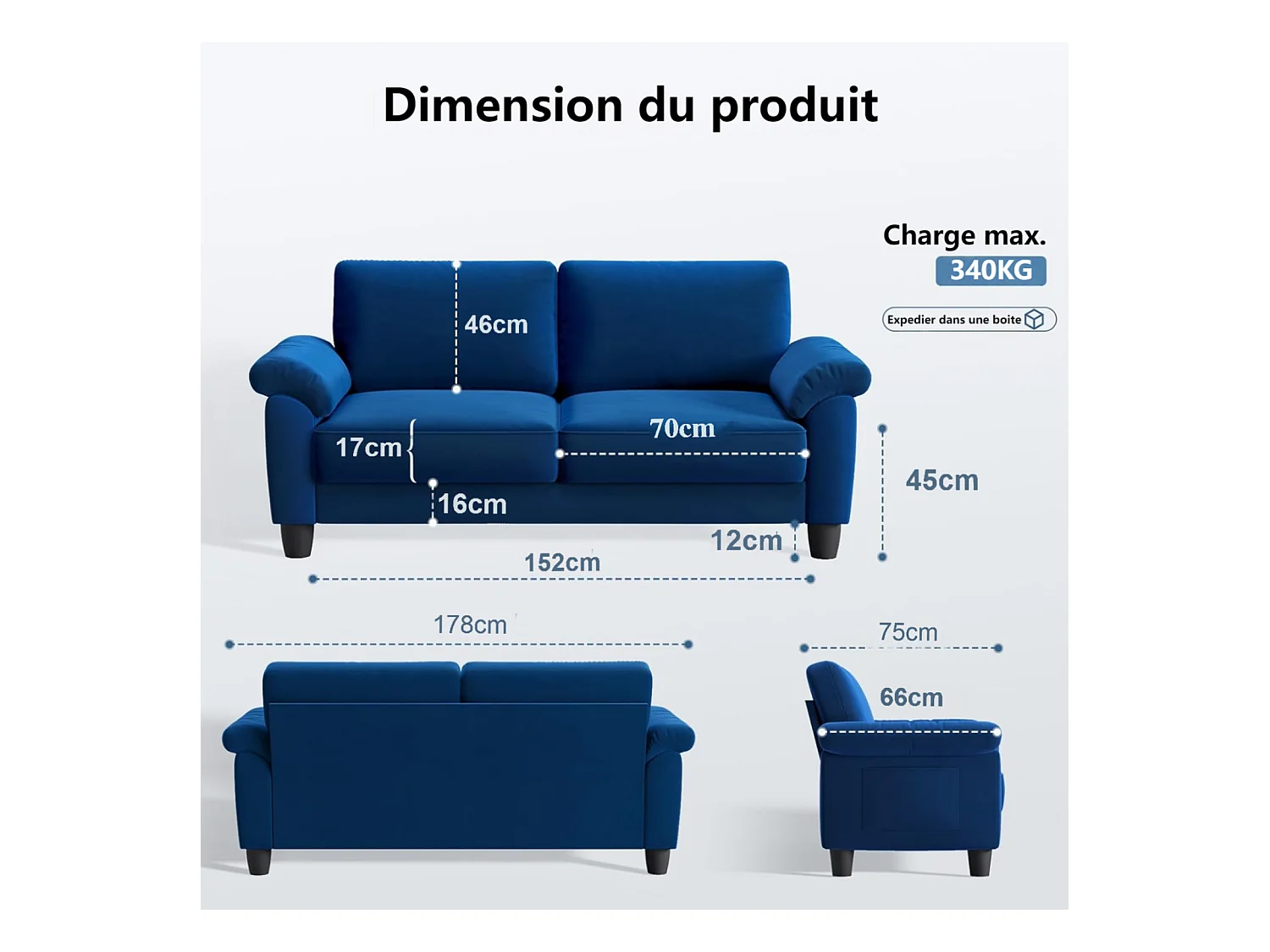 Divano soggiorno 2 Place in tessuto, divano moderno a metà del secolo, con sacchetto di stoccaggio, 178x75x87cm, blu, blu