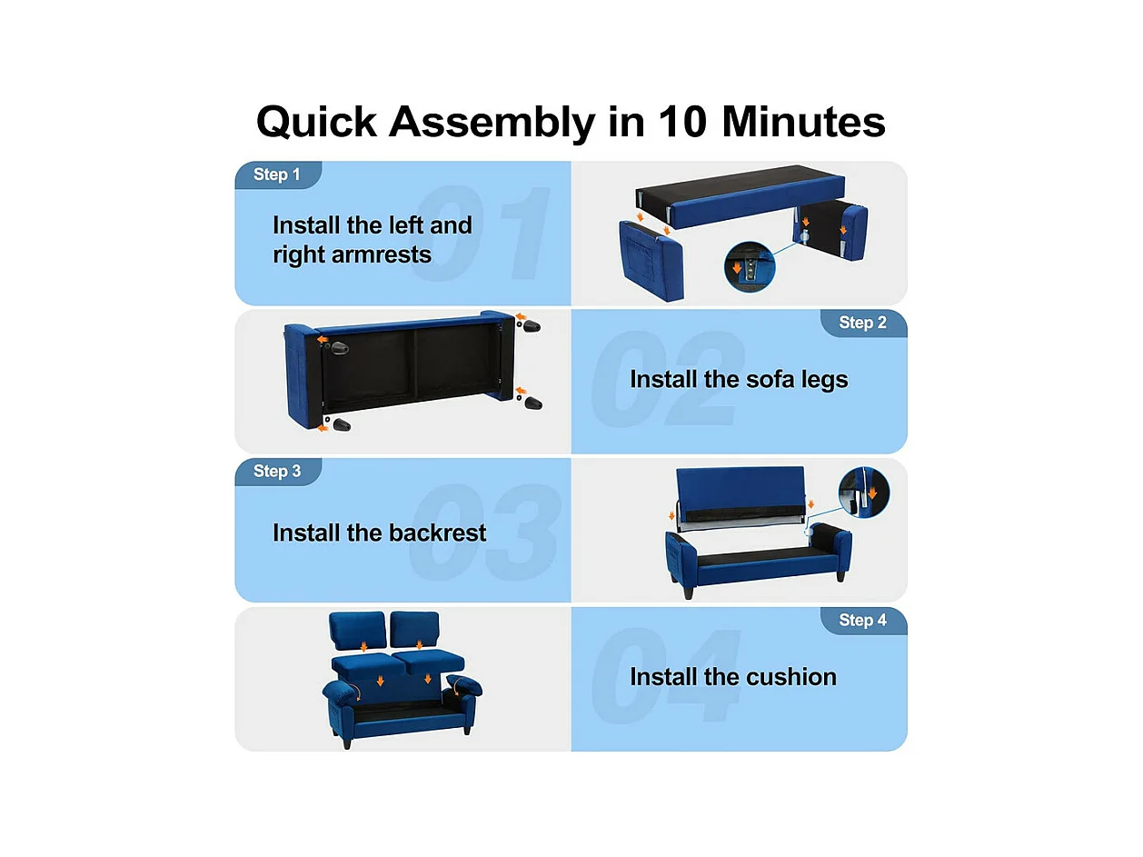 Divano soggiorno 2 Place in tessuto, divano moderno a metà del secolo, con sacchetto di stoccaggio, 178x75x87cm, blu, blu
