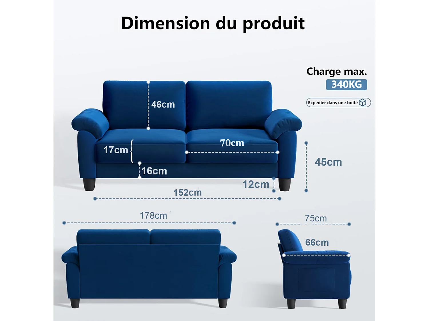 Canapé de salon 2 place en tissu chenille, Canapé moderne du milieu du siècle, avec sac de rangement, 178x75x87cm, Bleu