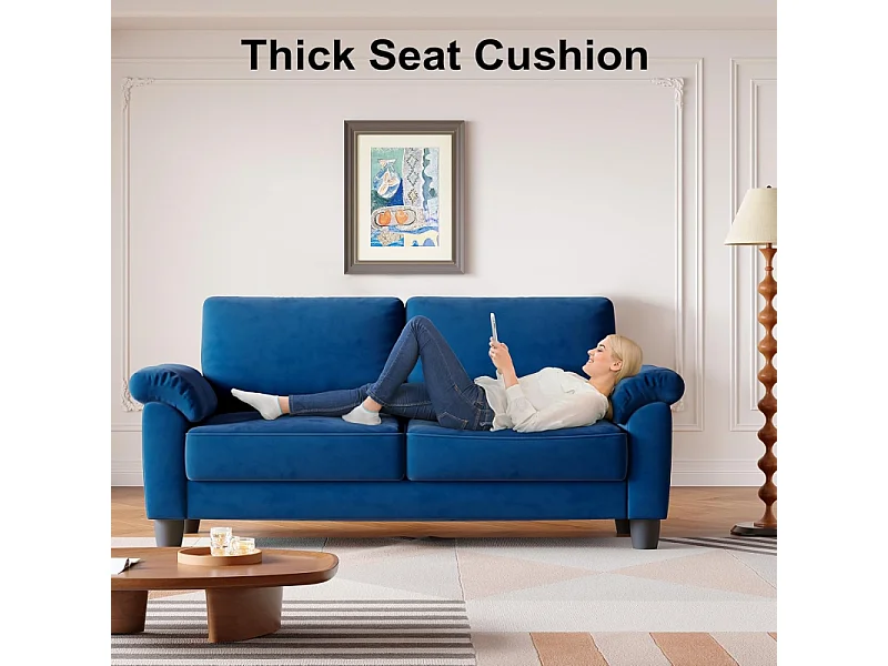 Canapé de salon 2 place en tissu chenille, Canapé moderne du milieu du siècle, avec sac de rangement, 178x75x87cm, Bleu