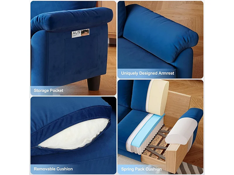 Sofá da sala de estar 2 Lugar no tecido, sofá moderno no meio do século, com bolsa de armazenamento, 178x75x87cm, azul