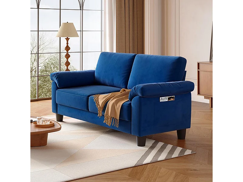 Sofá da sala de estar 2 Lugar no tecido, sofá moderno no meio do século, com bolsa de armazenamento, 178x75x87cm, azul