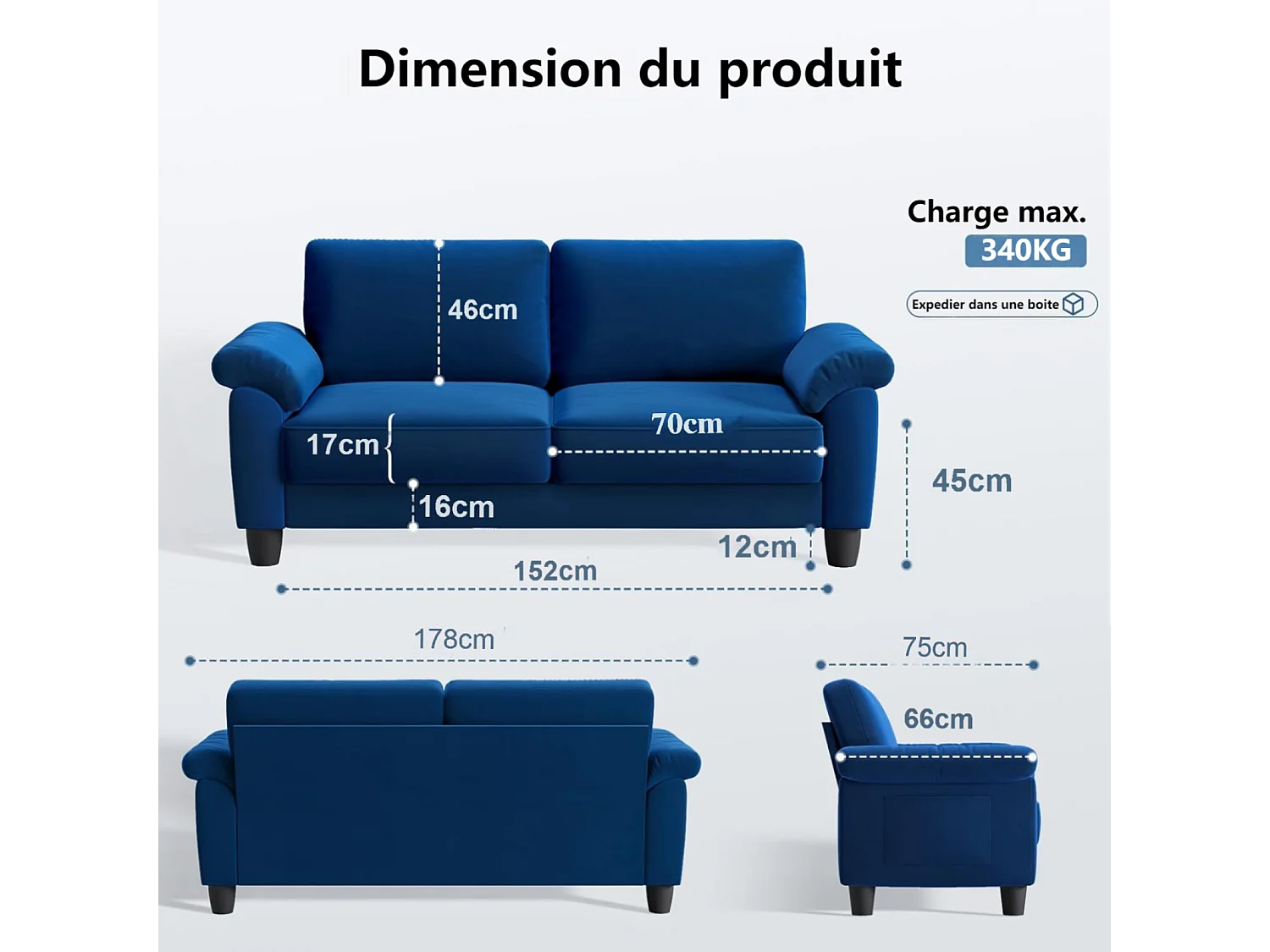 Divano soggiorno 2 Place in tessuto, divano moderno a metà del secolo, con sacchetto di stoccaggio, 178x75x87cm, blu, blu