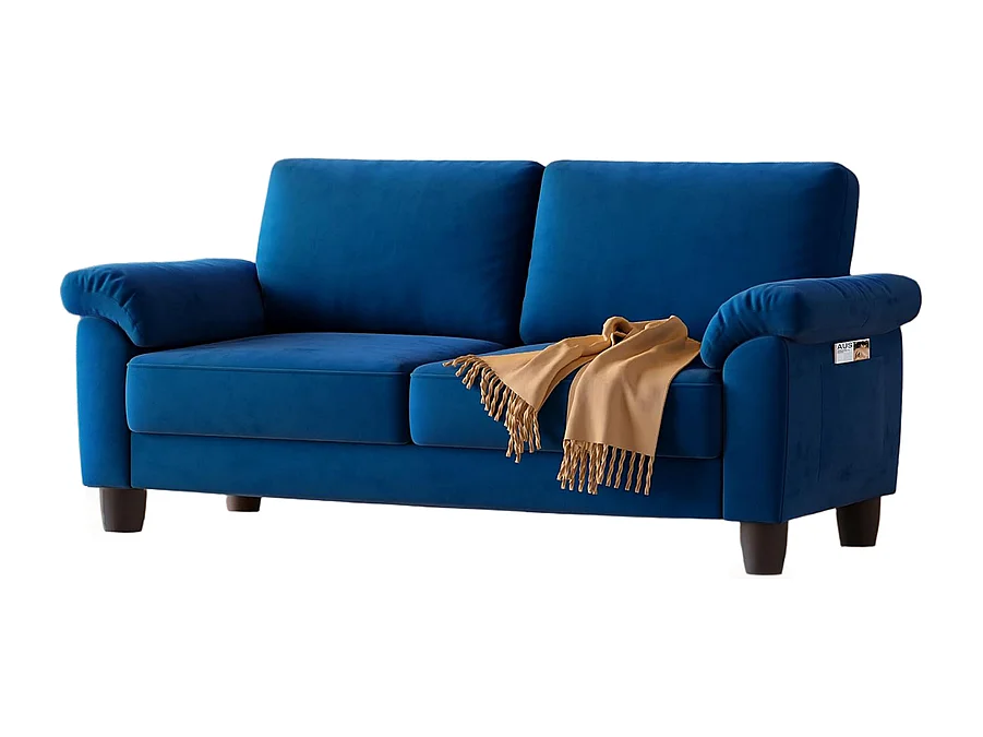 Sofá da sala de estar 2 Lugar no tecido, sofá moderno no meio do século, com bolsa de armazenamento, 178x75x87cm, azul