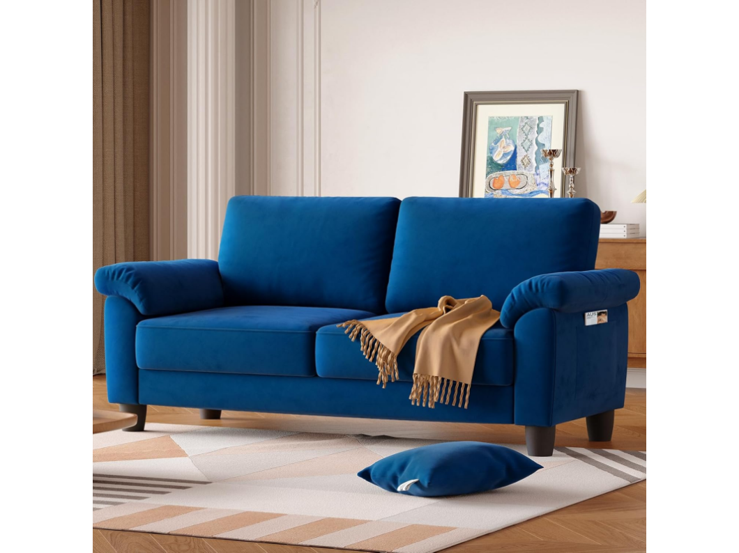 2-zits Chenille-stof woonkamerbank, Mid Century Modern bank, met opbergzak, 178x75x87cm, blauw