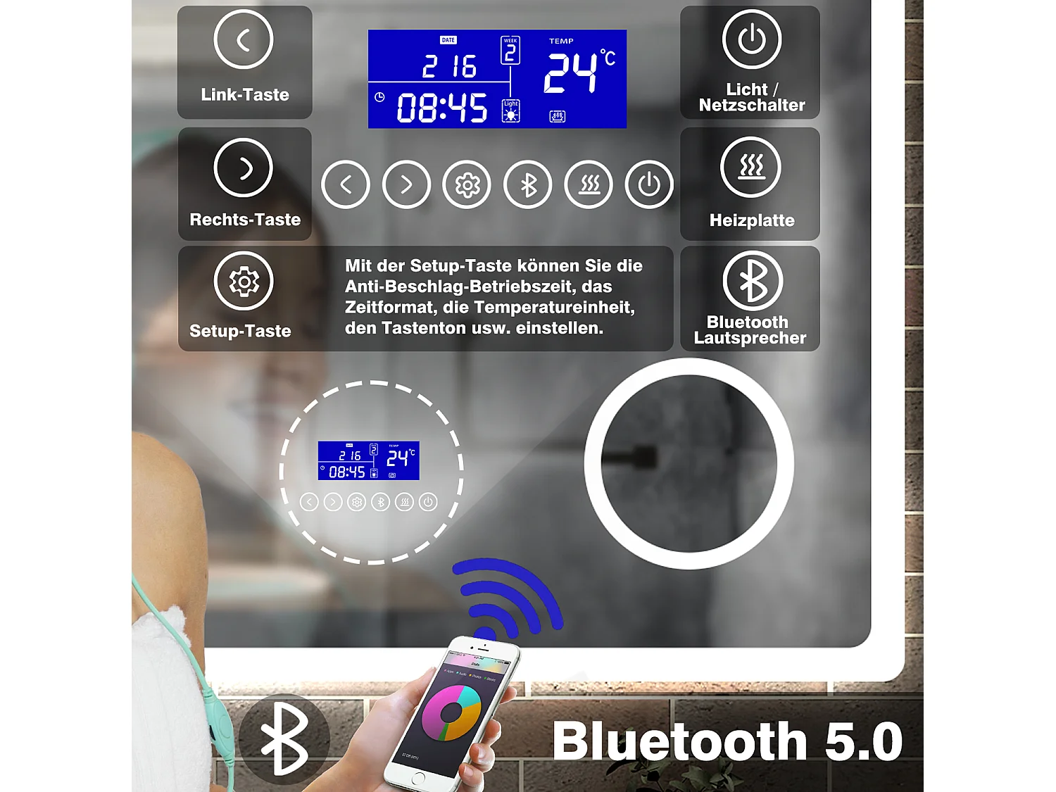 AICA Miroir salle de bain LED Bluetooth,100x60cm,grossissement 3X,horloge,dimmable 3 Couleurs avec anti-buée et mémoire