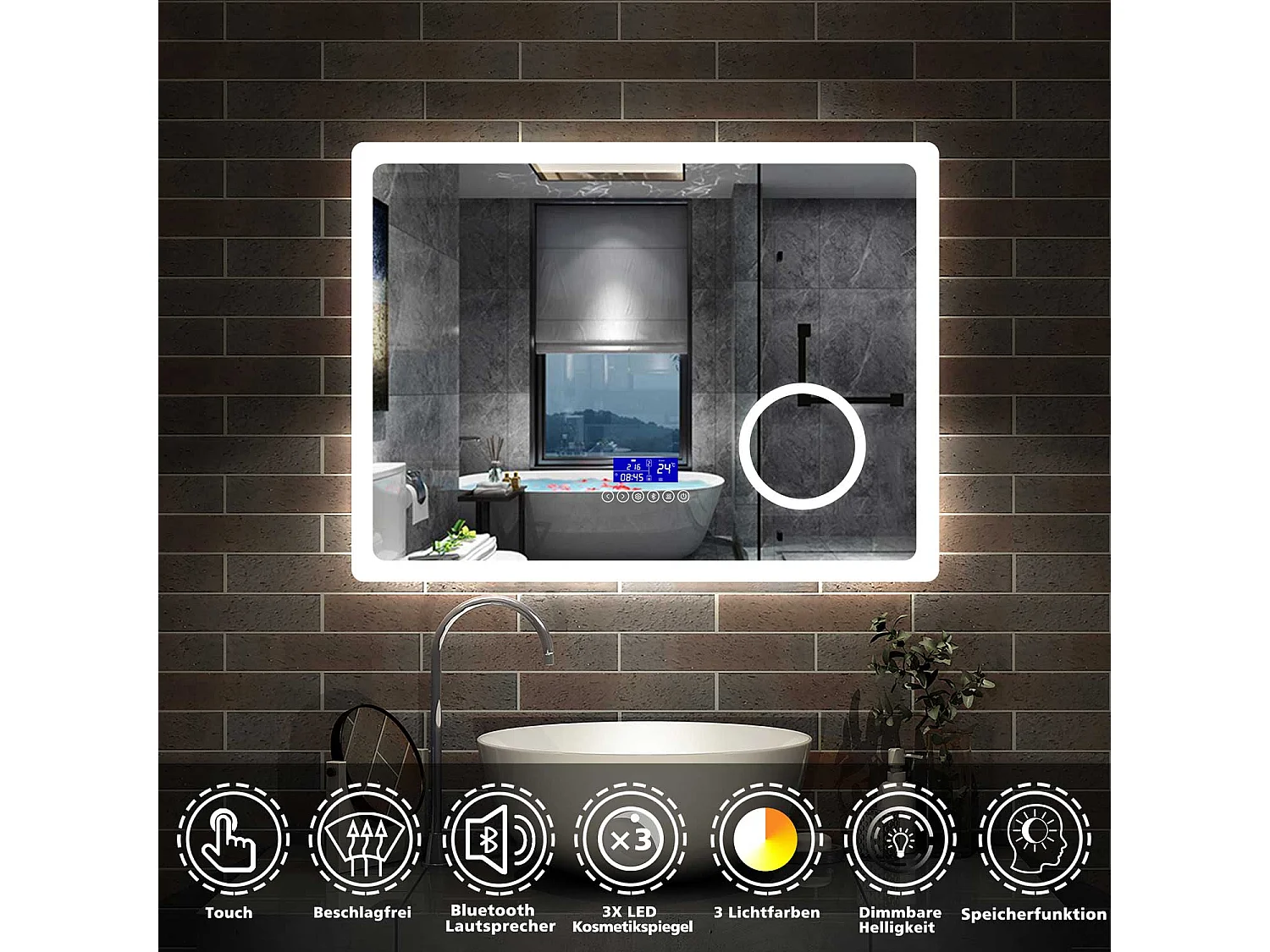 AICA Miroir salle de bain LED Bluetooth,80x60cm,grossissement 3X,horloge,dimmable 3 Couleurs avec anti-buée et mémoire