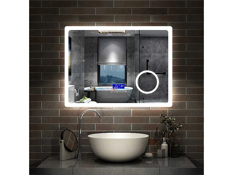 AICA Miroir salle de bain LED Bluetooth,80x60cm,grossissement 3X,horloge,dimmable 3 Couleurs avec anti-buée et mémoire