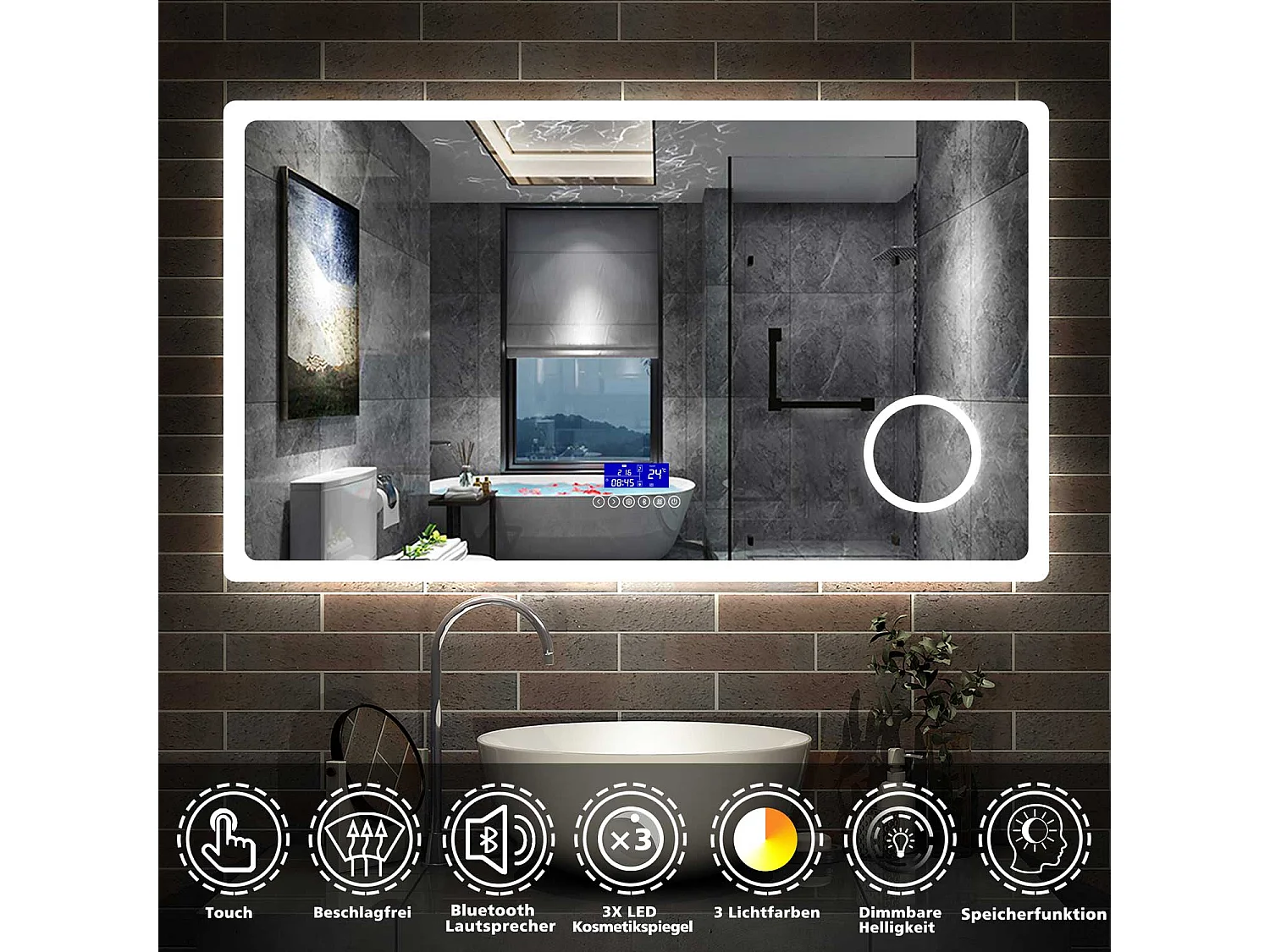 AICA Miroir salle de bain LED Bluetooth,140x80cm,grossissement 3X,horloge,dimmable 3 Couleurs avec anti-buée et mémoire