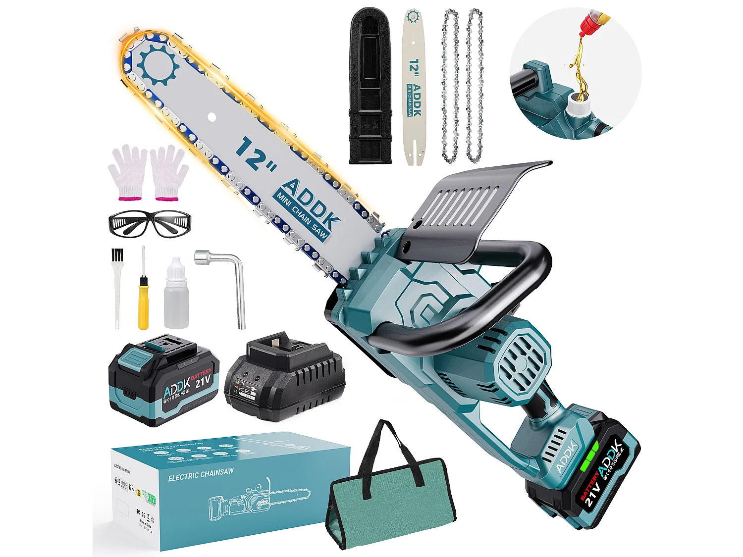 Brushless Tronçonneuse avec batterie 6000mAh, 12 pouces scie à chaîne électrique sans fil