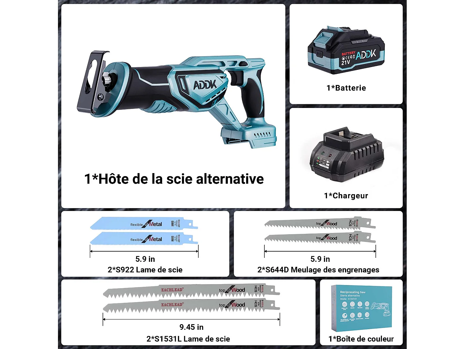 Scie alternative sans fil, sans balais, avec batterie 21 V 4,0 Ah, 0 à 3 300 tr-min, course alternative jusqu'à 28 mm