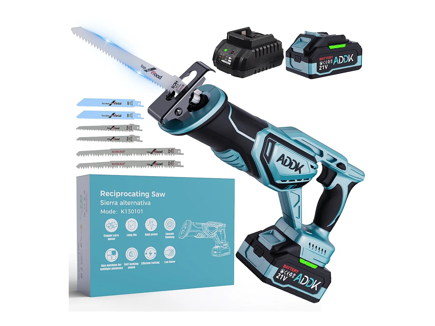 Scie alternative sans fil, sans balais, avec batterie 21 V 4,0 Ah, 0 à 3 300 tr-min, course alternative jusqu'à 28 mm