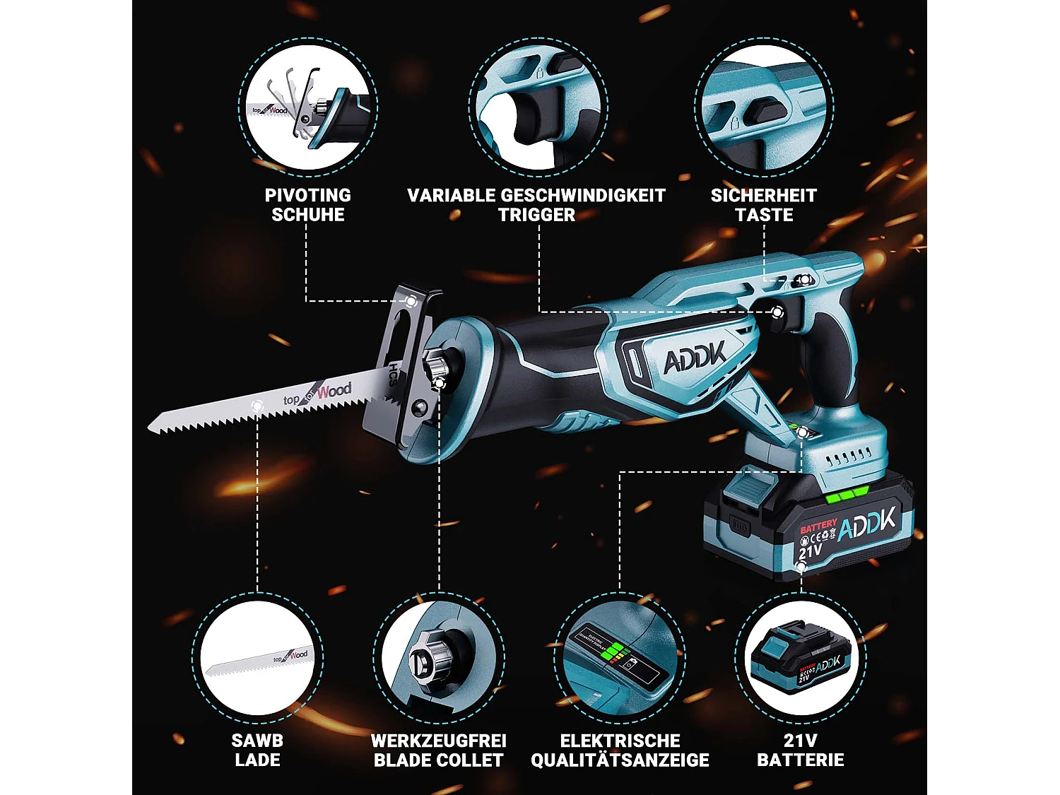 Scie alternative sans fil, sans balais, avec batterie 21 V 4,0 Ah, 0 à 3 300 tr-min, course alternative jusqu'à 28 mm