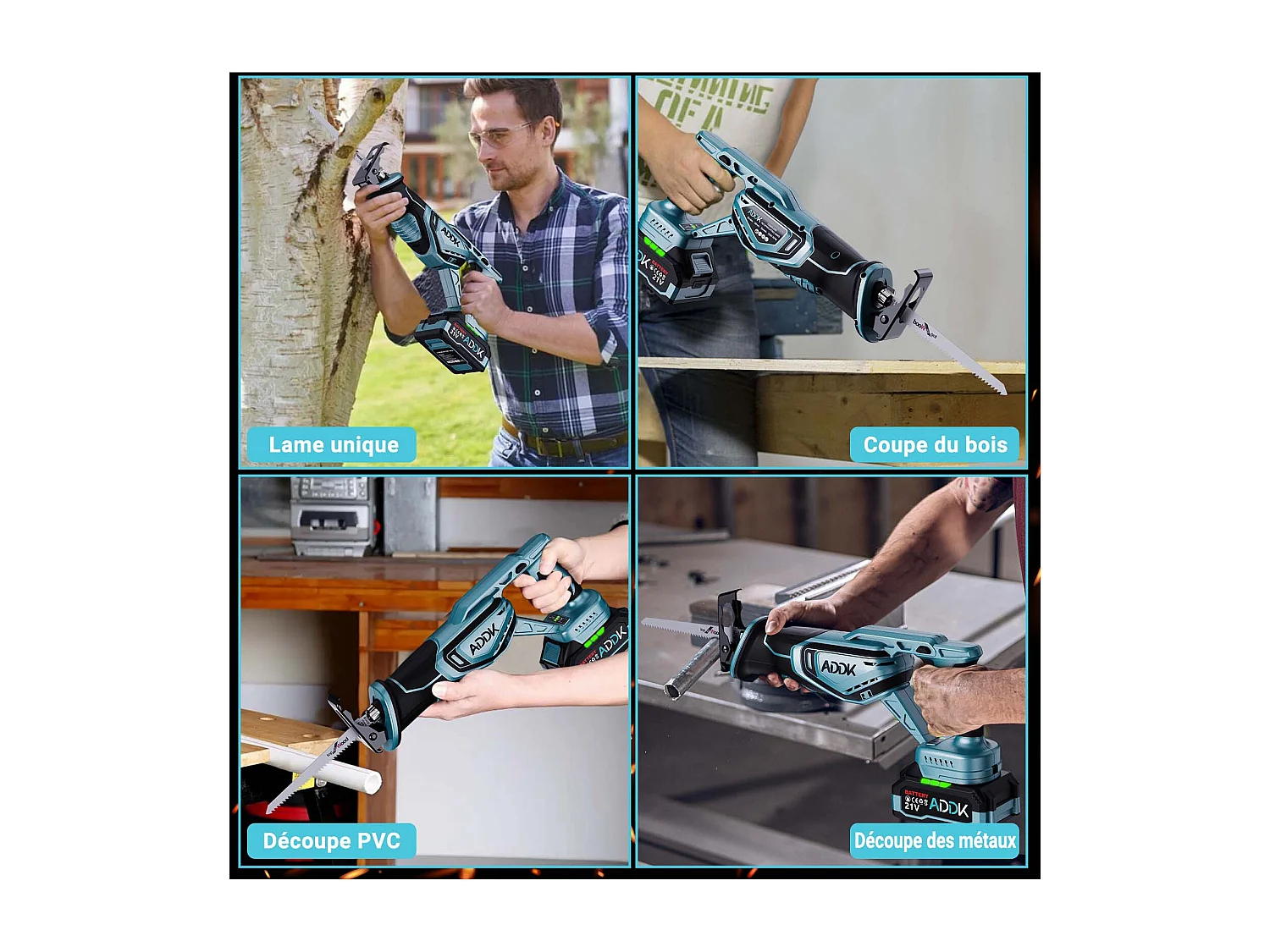 Scie alternative sans fil, sans balais, avec batterie 21 V 4,0 Ah, 0 à 3 300 tr-min, course alternative jusqu'à 28 mm