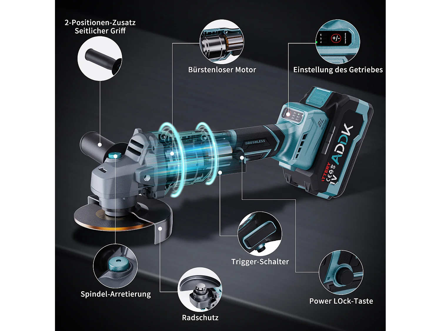 Meuleuse d'angle sans fil 21V, 125mm, outil moteur, 9,000 tr/min, meuleuse électrique en métal sans balais avec 6 vitesses variables