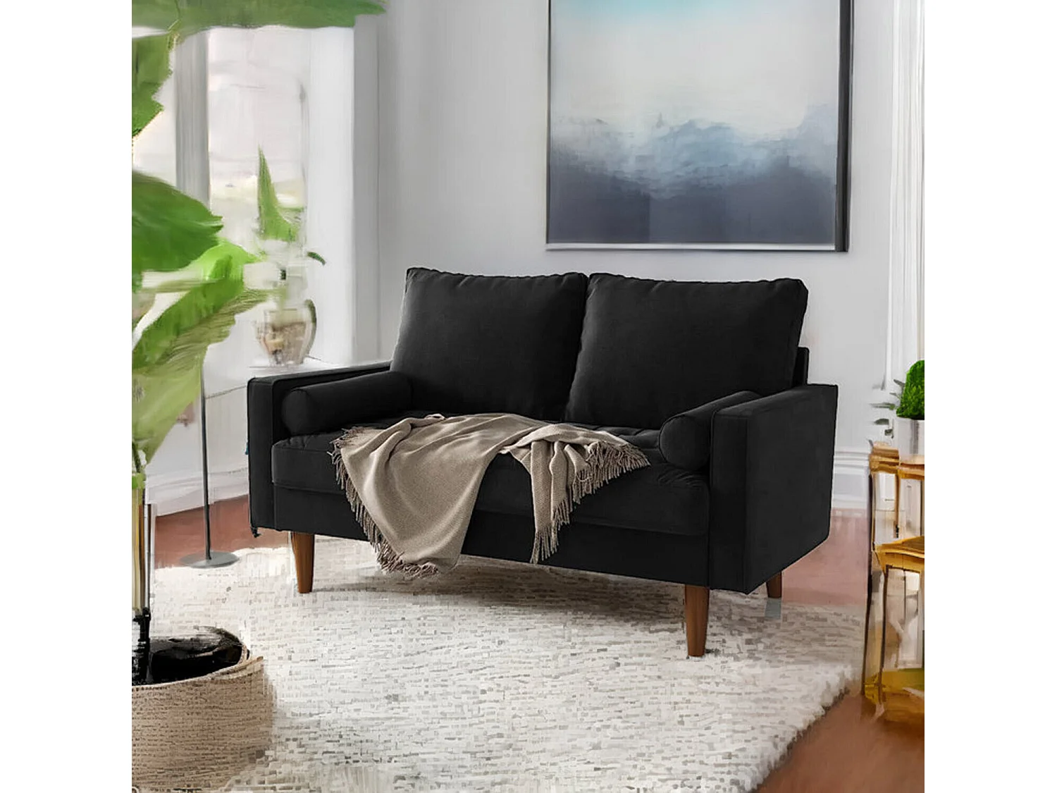 2-zitsbank in zwart fluweel, moderne woonkamerbank, met armleuningen en taps toelopende houten poten, lage rugleuning - 148,5x78x85cm