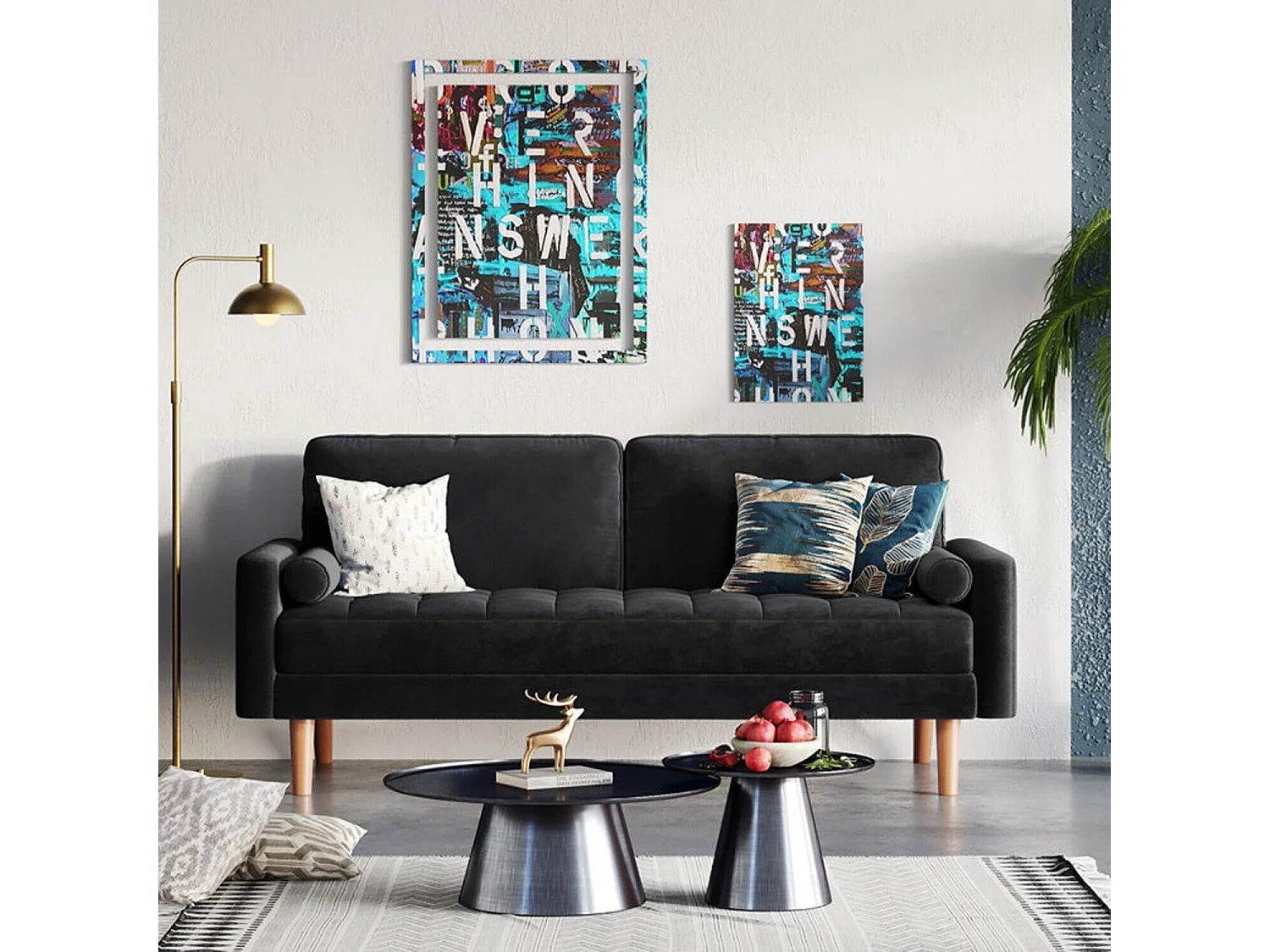 2-zitsbank in zwart fluweel, moderne woonkamerbank, met armleuningen en taps toelopende houten poten, lage rugleuning - 148,5x78x85cm