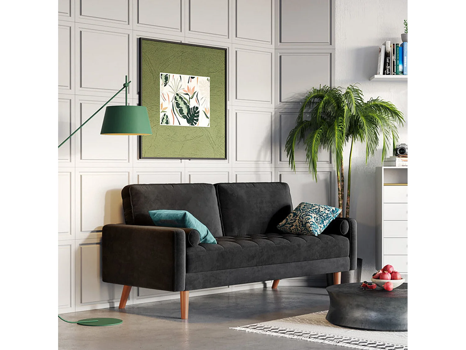 2-zitsbank in zwart fluweel, moderne woonkamerbank, met armleuningen en taps toelopende houten poten, lage rugleuning - 148,5x78x85cm