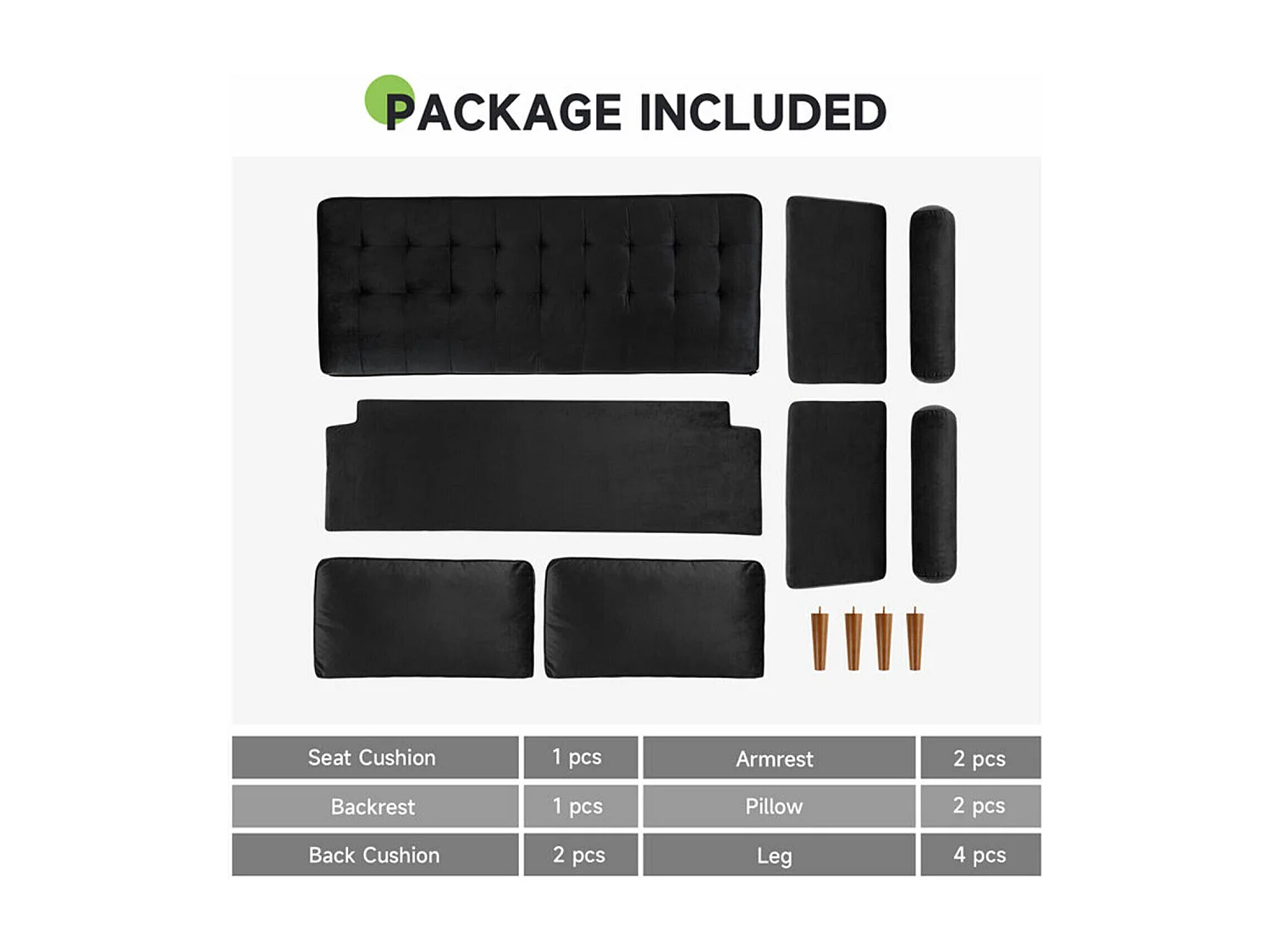 2-zitsbank in zwart fluweel, moderne woonkamerbank, met armleuningen en taps toelopende houten poten, lage rugleuning - 148,5x78x85cm