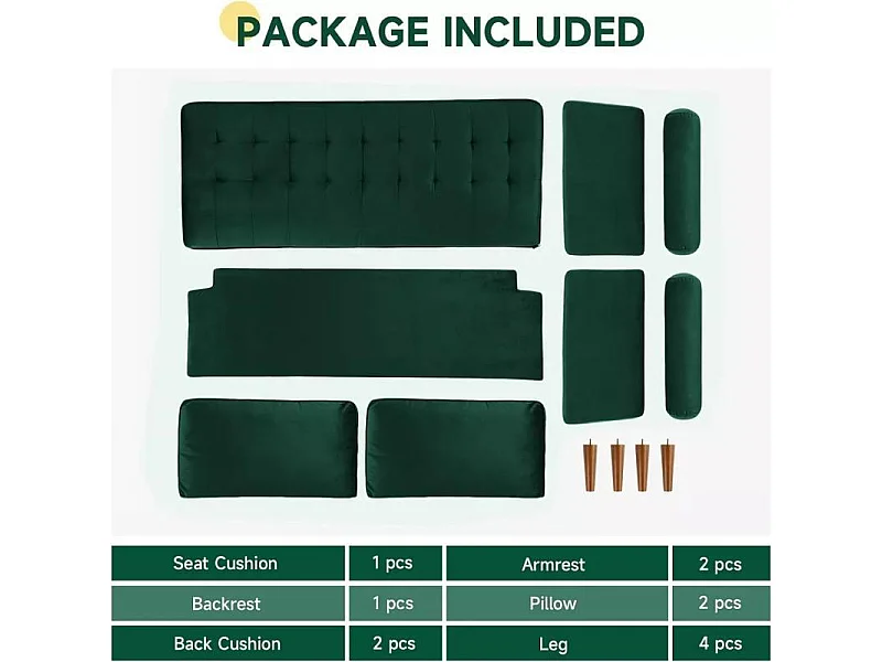 2-zitsbank in groen fluweel, moderne woonkamerbank, met armleuningen en taps toelopende houten poten, lage rugleuning - 148,5x78x85cm