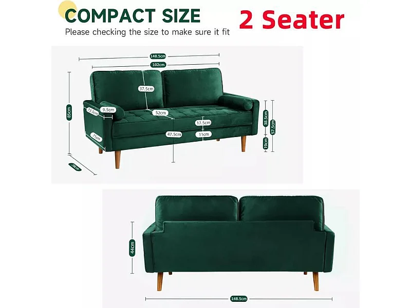 2-zitsbank in groen fluweel, moderne woonkamerbank, met armleuningen en taps toelopende houten poten, lage rugleuning - 148,5x78x85cm