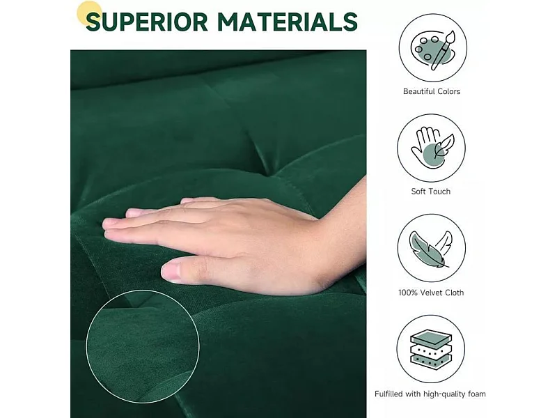 2-zitsbank in groen fluweel, moderne woonkamerbank, met armleuningen en taps toelopende houten poten, lage rugleuning - 148,5x78x85cm