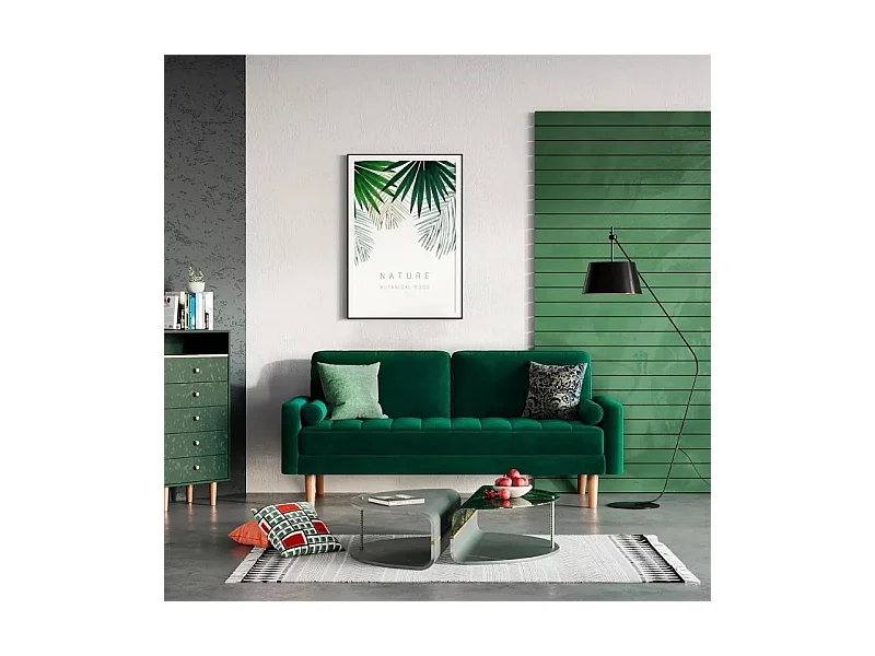 2 -seerer -Sofa im grünen Samt, modernes Wohnzimmersofa, mit sich verjüngten Armlehnen und Füßen, einem unteren Rücken - 148,5 x 78 x 85 cm