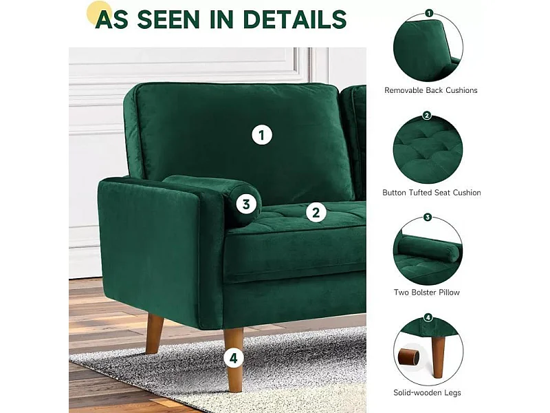 Sofá de 2 salones en terciopelo verde, sofá de sala de estar moderna, con reposabrazos y pies bajos, una espalda baja - 148.5x78x85cm