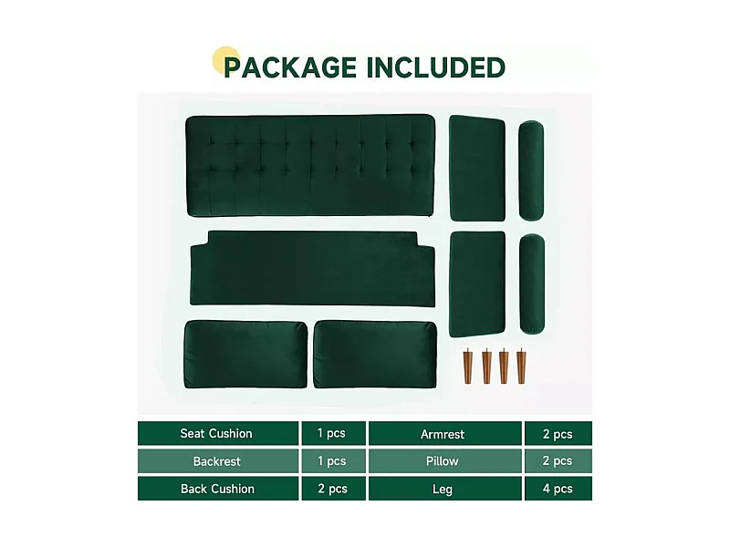 Sofá de 2 salones en terciopelo verde, sofá de sala de estar moderna, con reposabrazos y pies bajos, una espalda baja - 148.5x78x85cm
