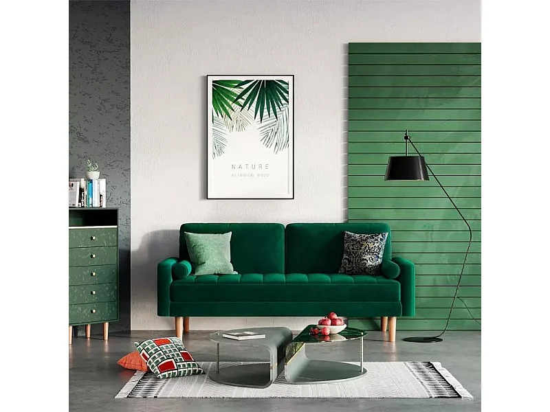 Canapé 2 Places en Velours Vert, Canapé de Salon Moderne, avec Accoudoirs et pieds en bois effilés, un dossier bas - 148.5x78x85cm