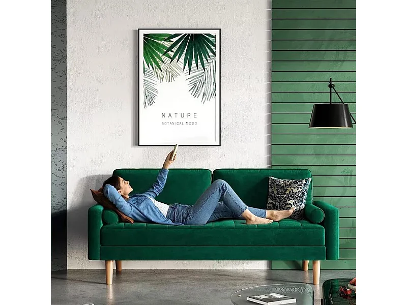 Canapé 2 Places en Velours Vert, Canapé de Salon Moderne, avec Accoudoirs et pieds en bois effilés, un dossier bas - 148.5x78x85cm