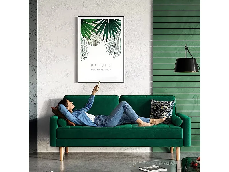 2-zitsbank in groen fluweel, moderne woonkamerbank, met armleuningen en taps toelopende houten poten, lage rugleuning - 148,5x78x85cm