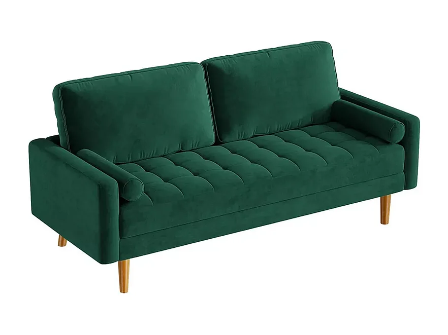 2-zitsbank in groen fluweel, moderne woonkamerbank, met armleuningen en taps toelopende houten poten, lage rugleuning - 148,5x78x85cm