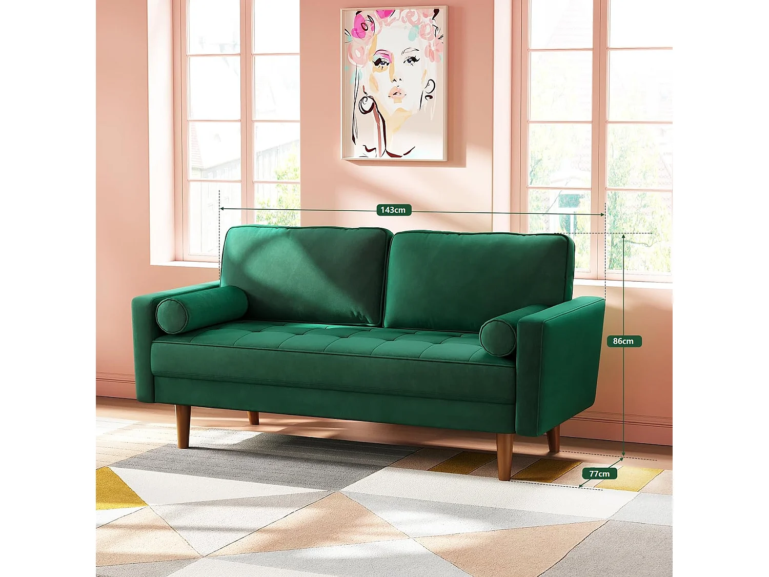 2-zitsbank in groen fluweel, moderne woonkamerbank, met armleuningen en taps toelopende houten poten, lage rugleuning - 148,5x78x85cm