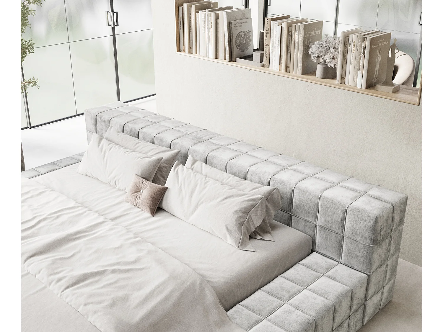 Lit coffre Nessino - 200 x 200 cm - chenille - gris clair