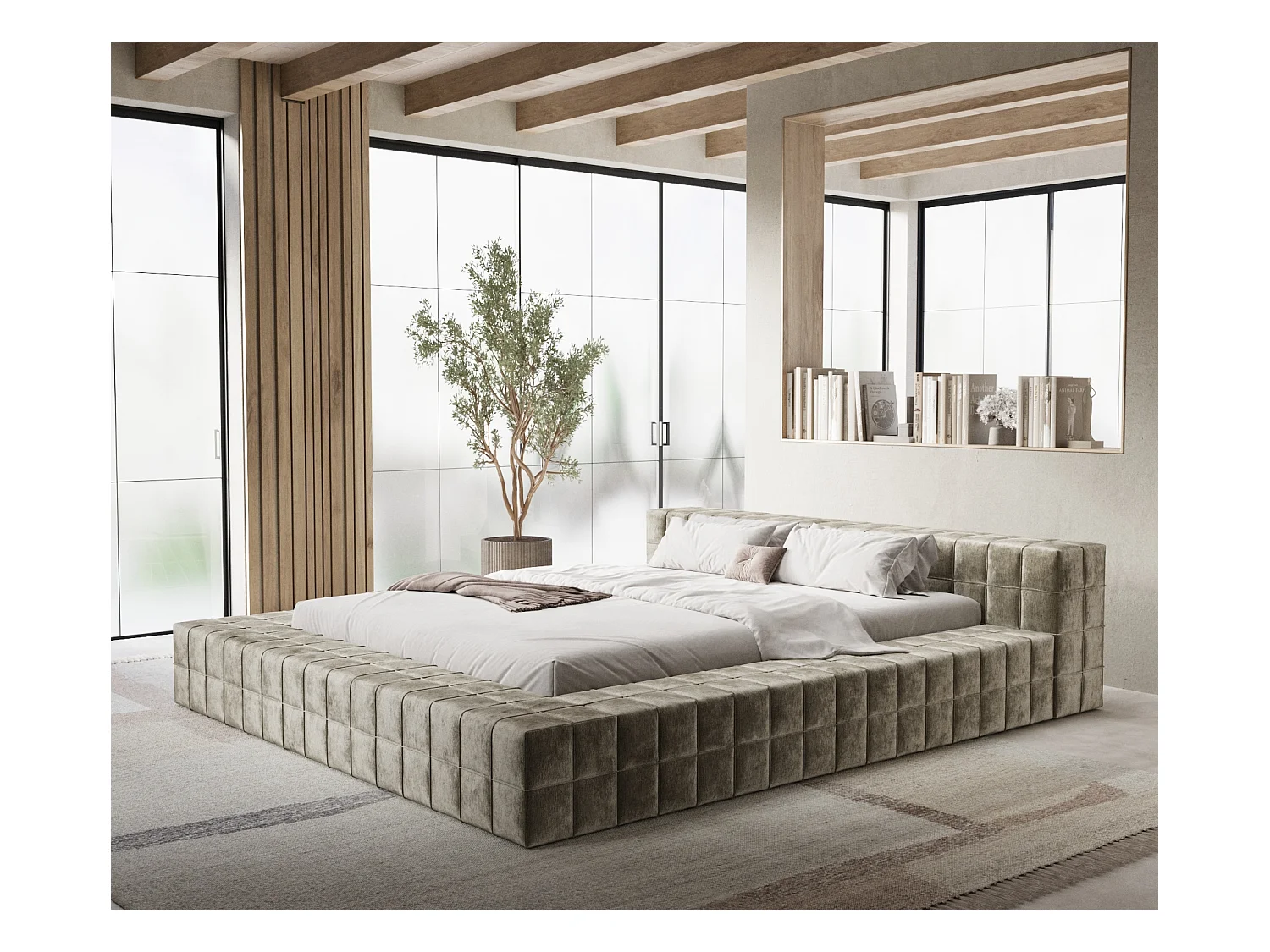 Lit coffre Nessino - 200 x 200 cm - chenille - beige