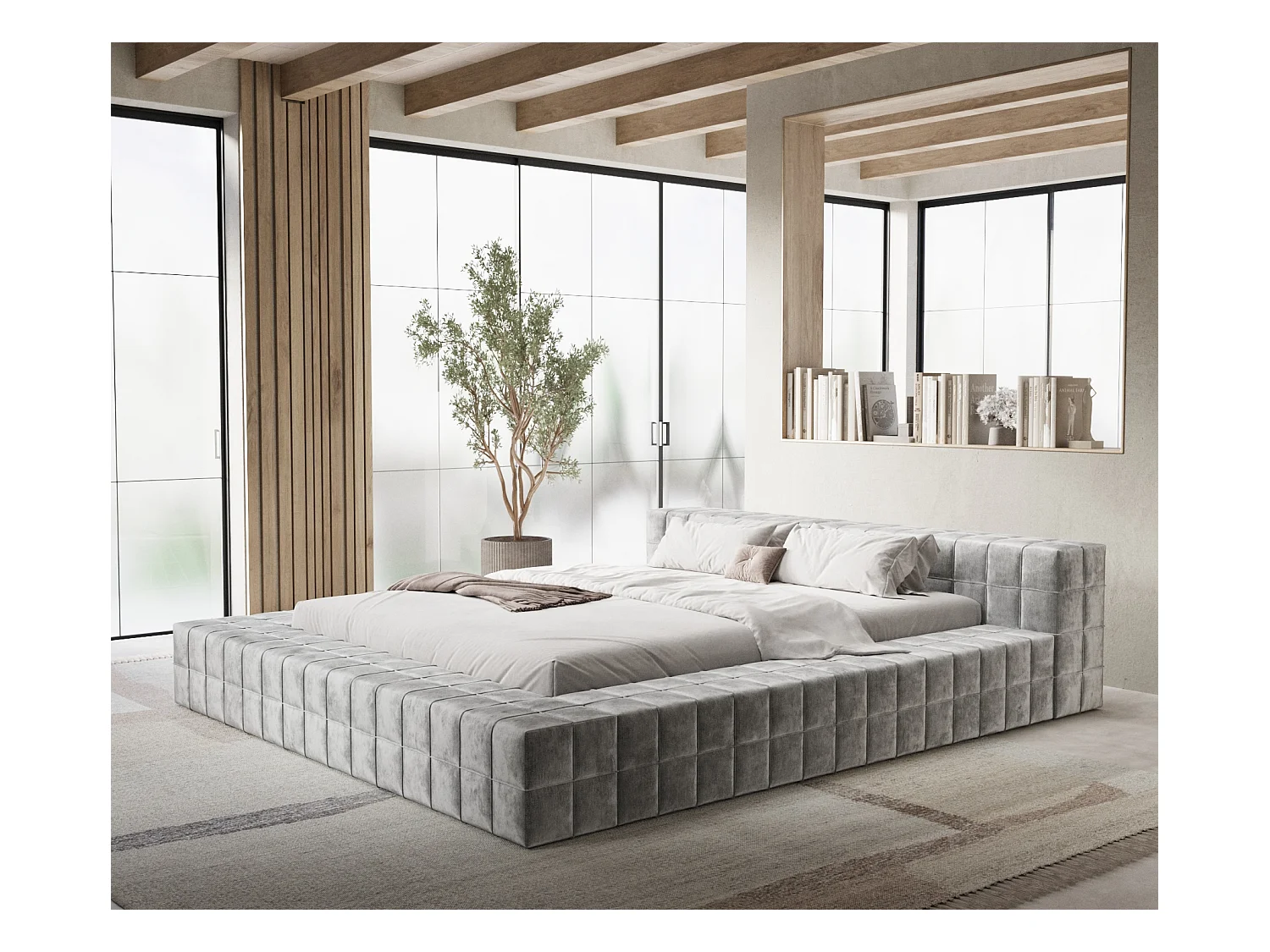 Lit coffre Nessino - 180 x 200 cm - chenille - gris clair