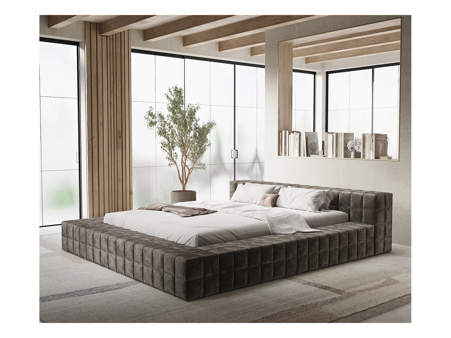 Lit coffre Nessino - 200 x 200 cm - chenille - brun