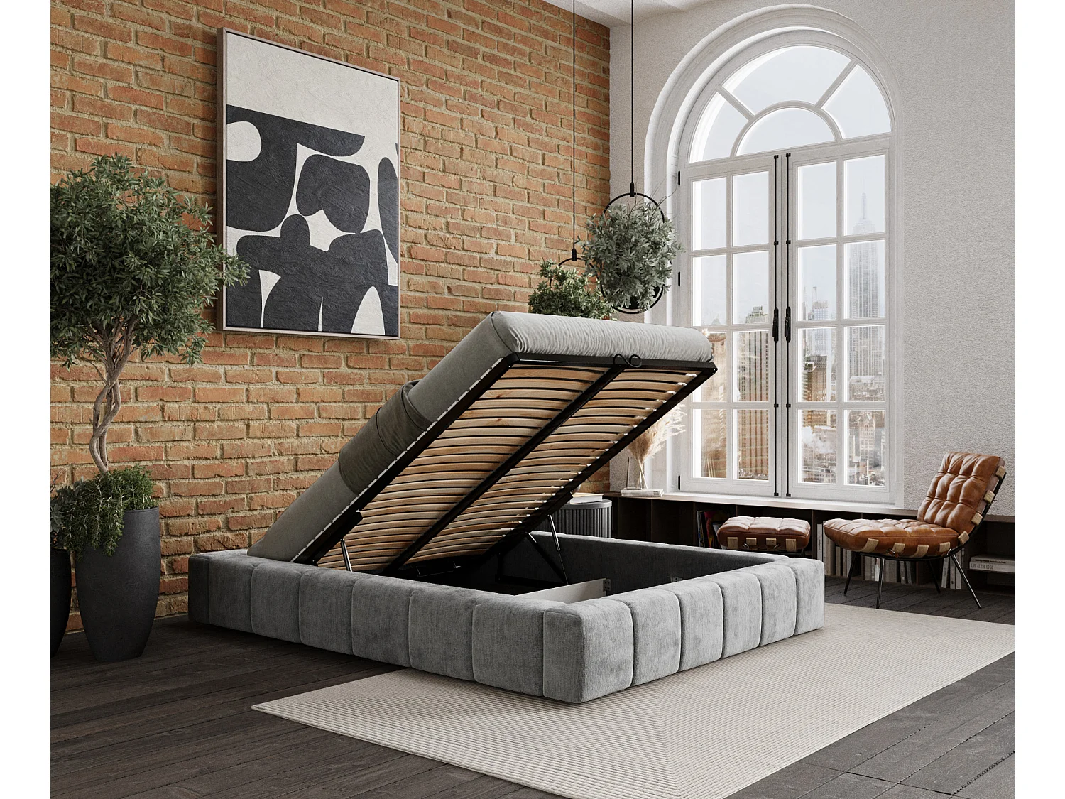 Lit coffre Aruba - 180 x 200 cm - chenille - gris clair