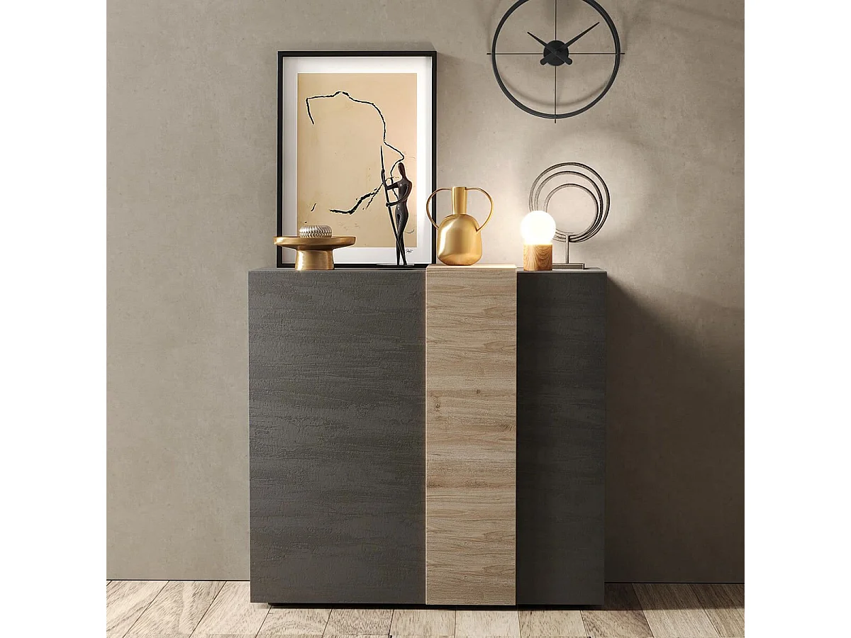 VESUVIO TITANE - Rangement 2 Portes Gris Anthracite et Aspect Bois Finition Cadiz