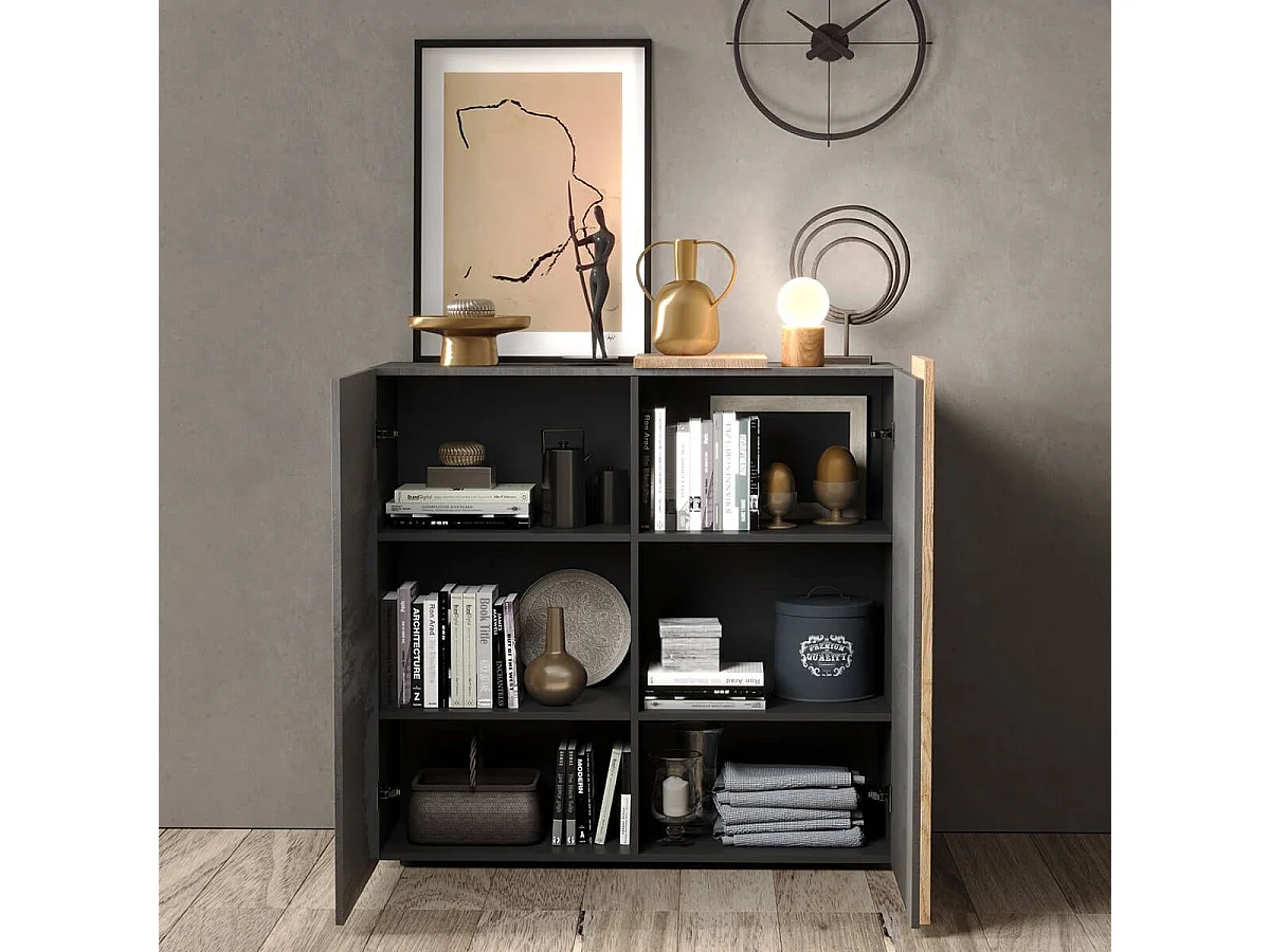 VESUVIO TITANE - Rangement 2 Portes Gris Anthracite et Aspect Bois Finition Cadiz