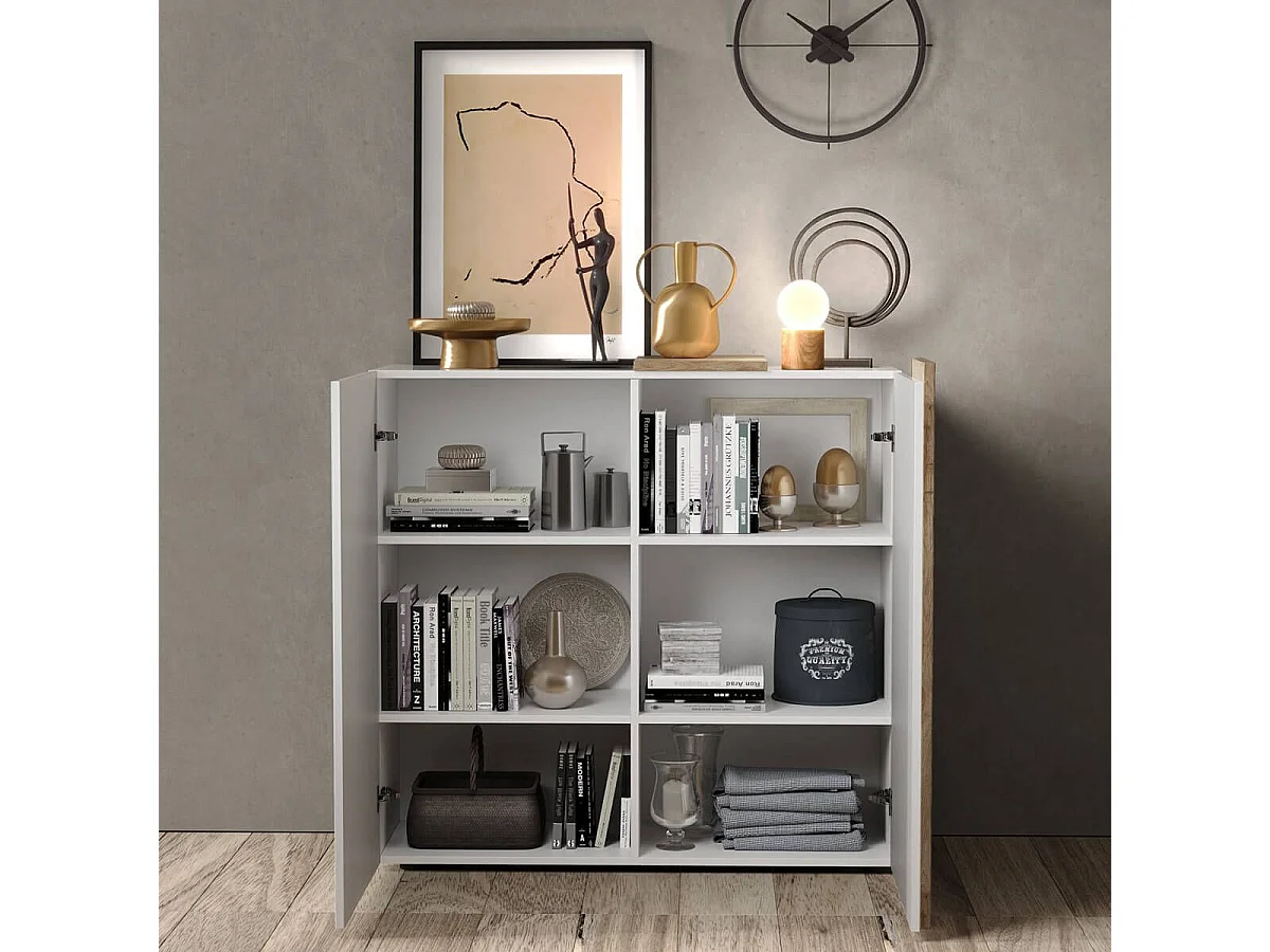 VESUVIO BLANC - Rangement 2 Portes Laqué Blanc et Aspect Bois Finition Cadiz