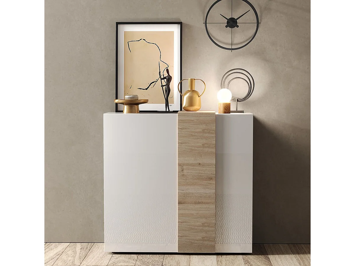 VESUVIO BLANC - Rangement 2 Portes Laqué Blanc et Aspect Bois Finition Cadiz