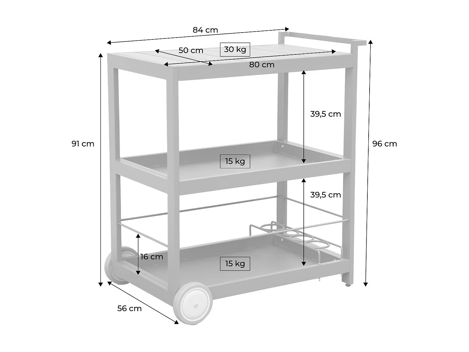 Carrello da cucina in alluminio con ruote e maniglia, 84cm, antracite