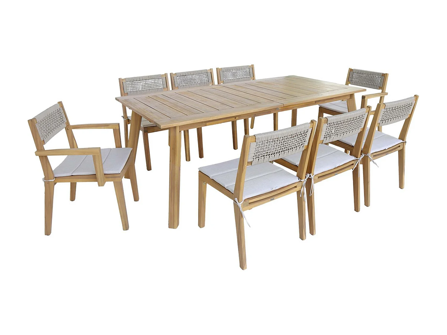 Table de jardin bois d'acacia 2 fauteuils 6 chaises PALENA et GALENA 275 x 100 x 75 cm naturel et beige
