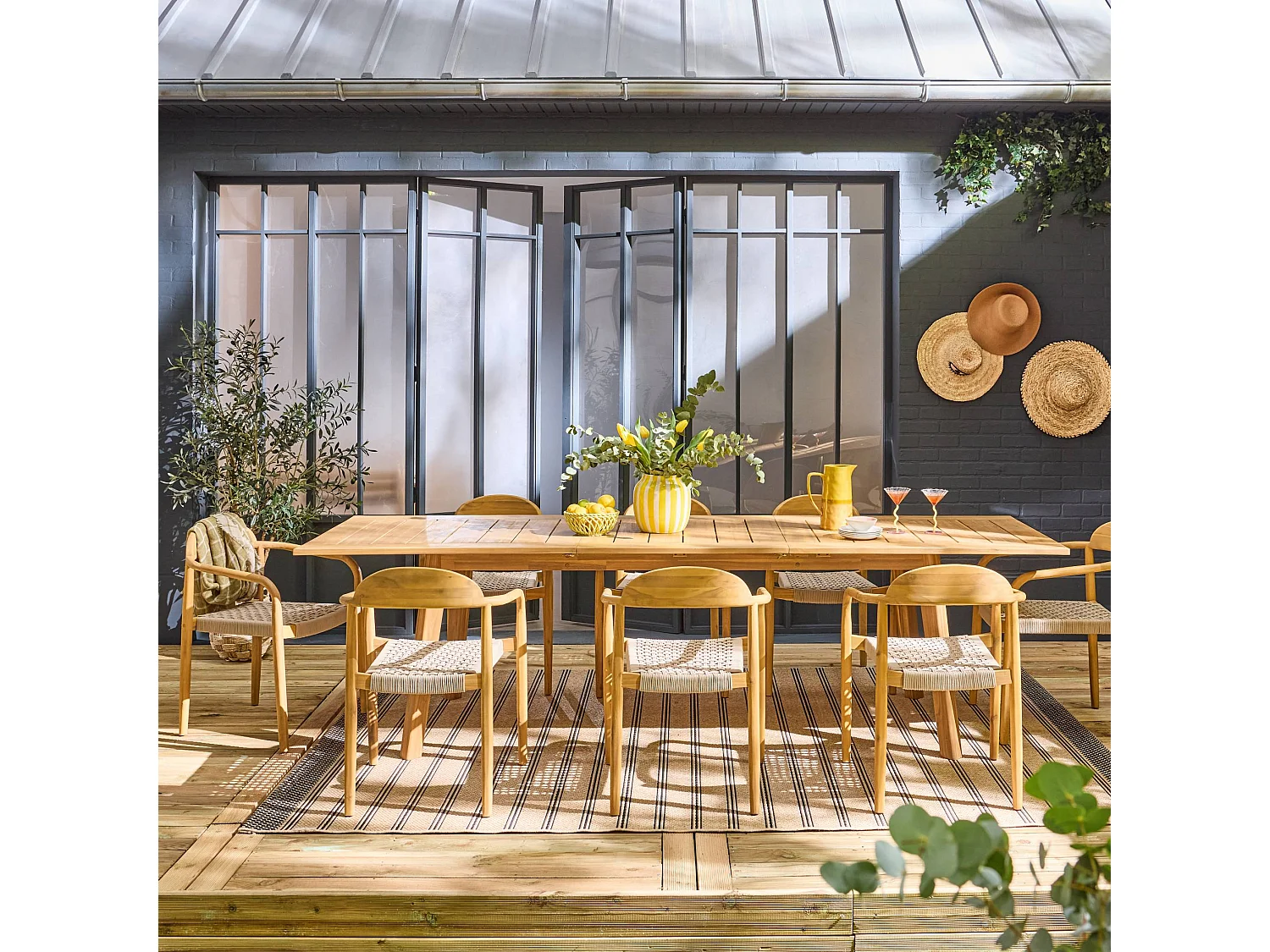 Table de jardin extensible bois d'acacia + 8 assises PALENA et CERINA  naturel et beige 275 x 100 x 75 cm