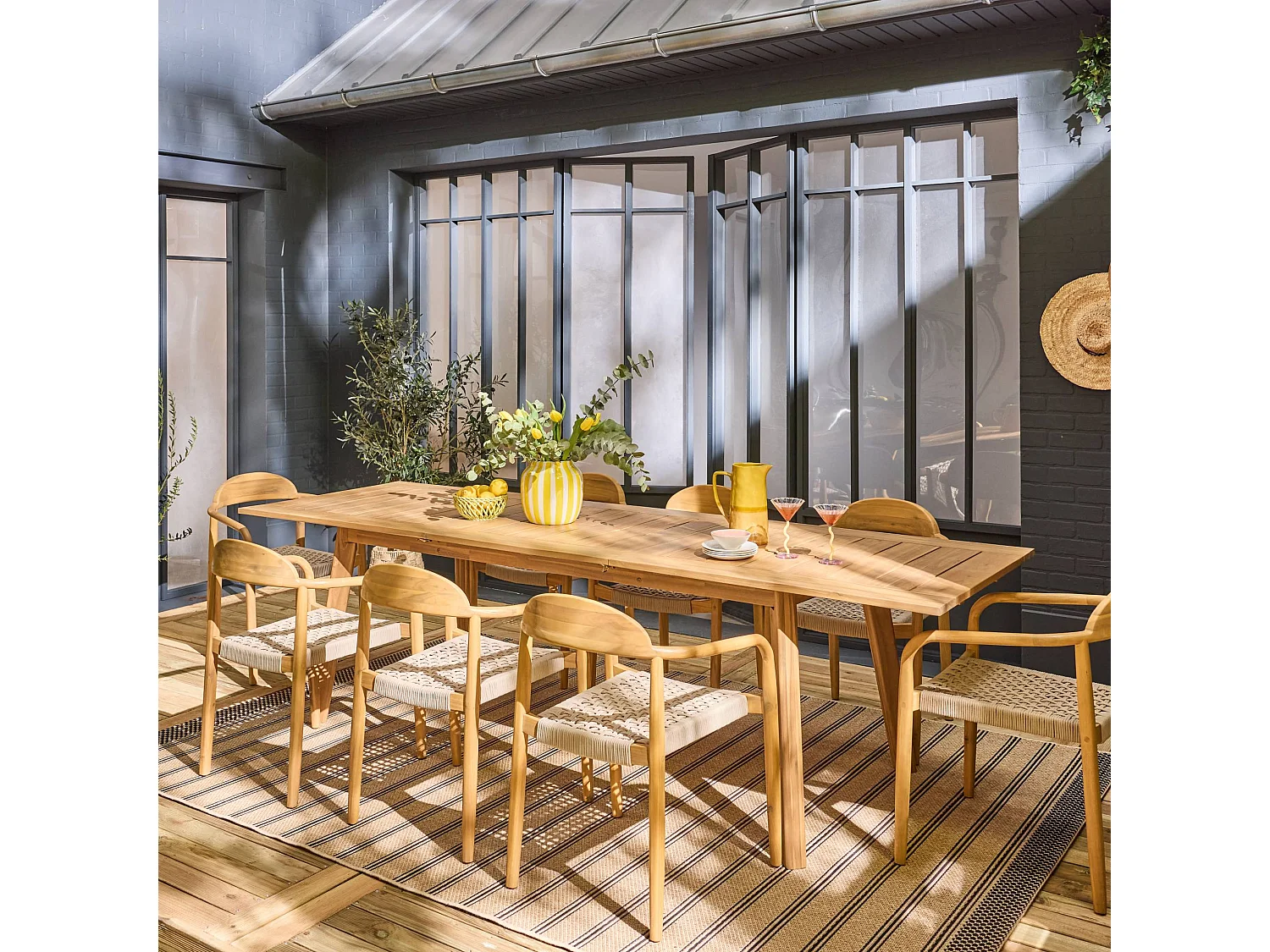 Table de jardin extensible bois d'acacia + 8 assises PALENA et CERINA  naturel et beige 275 x 100 x 75 cm