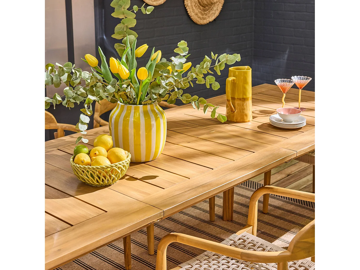 Table de jardin extensible bois d'acacia + 8 assises PALENA et CERINA  naturel et beige 275 x 100 x 75 cm